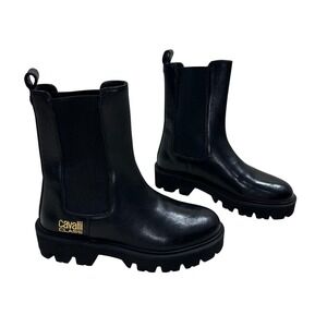 Cavalli Class Women's Chelsea Boots Black Leather Gold‎ Logo Chunky Size 36